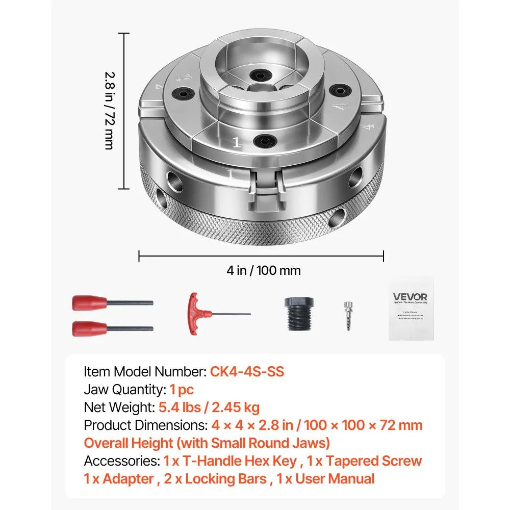 VEVOR 4 Inch Wood Lathe Chuck, 4-Jaw, Self-Centering Wood Turning Chuck Set with 1" x 8TPI Thread & Adapter, Nickel-Plated, High-Hardness Steel, Inside Clamping & Outside Support, for Woodworking