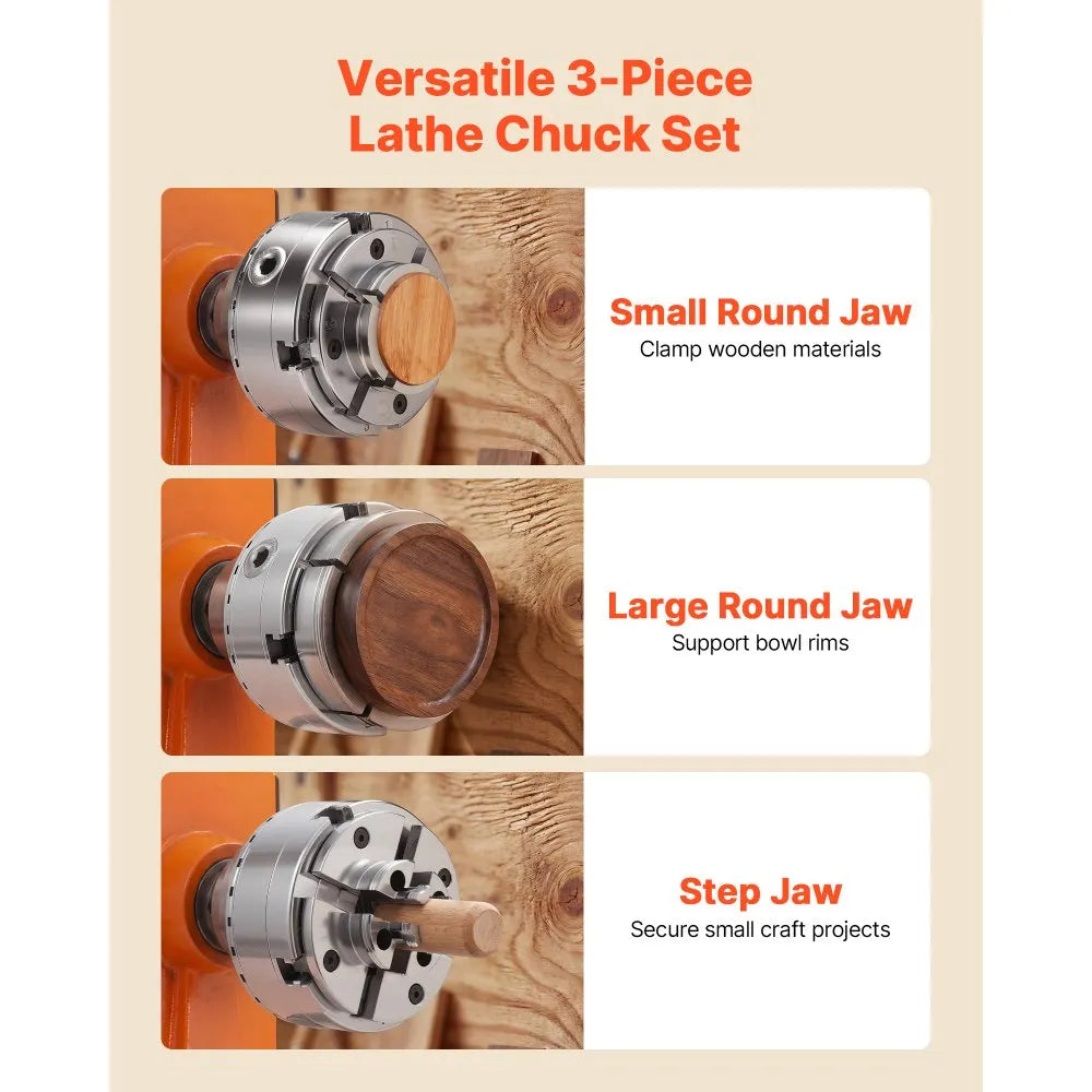 VEVOR 4 Inch Wood Lathe Chuck, 4-Jaw, Self-Centering Wood Turning Chuck Set with 1" x 8TPI Thread & Adapter, Round Jaws, Step Jaws, Thickened Nickel-Plated, High-Hardness Steel, for Woodworking Lathe