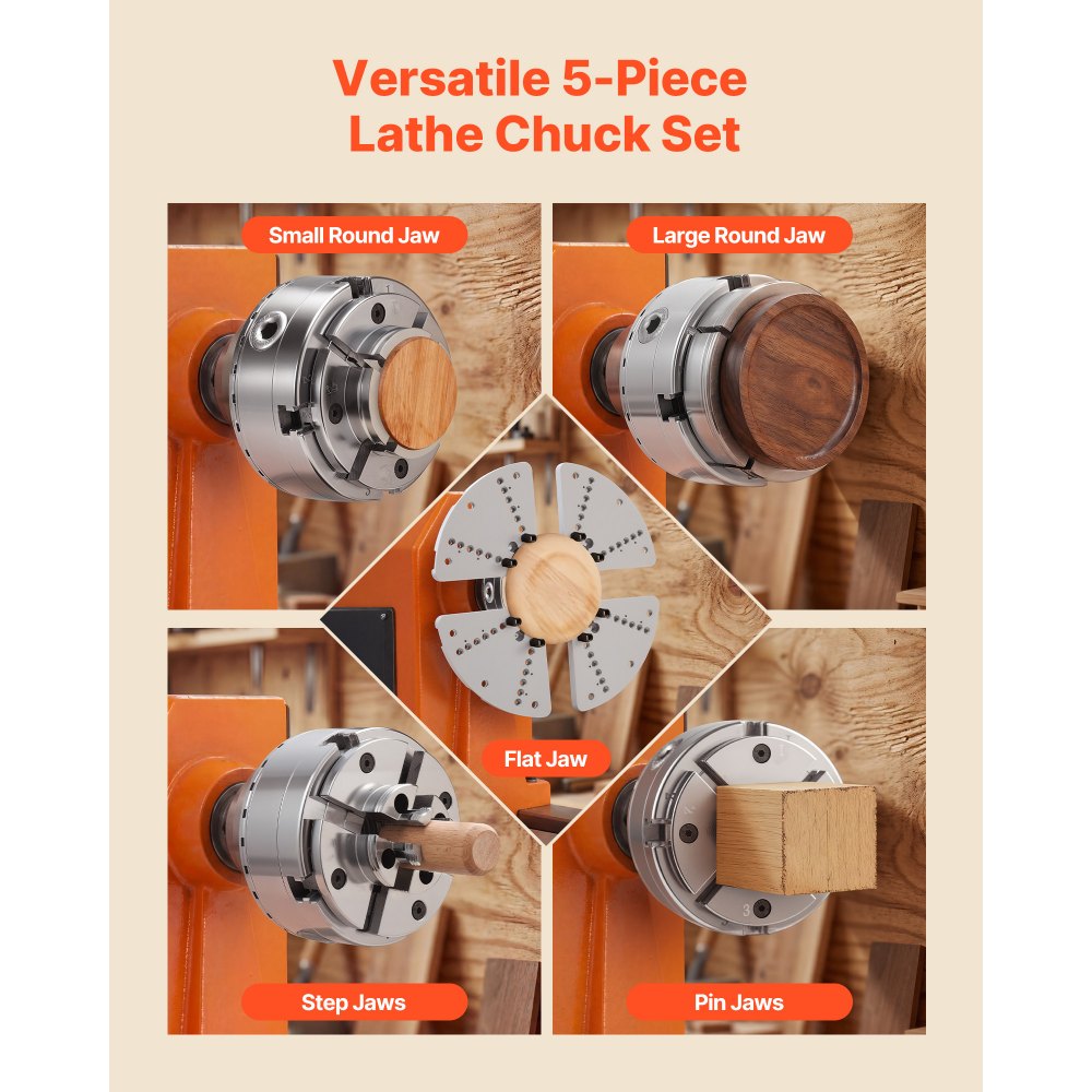 VEVOR 4 Inch Wood Lathe Chuck, 4-Jaw, Self-Centering Wood Turning Chuck Set with 1" x 8TPI Thread & Adapter, 5 PCS Jaws Round/Flat/Step/Pin, Carry Case, Nickel-Plated Finish, for Woodworking Lathe