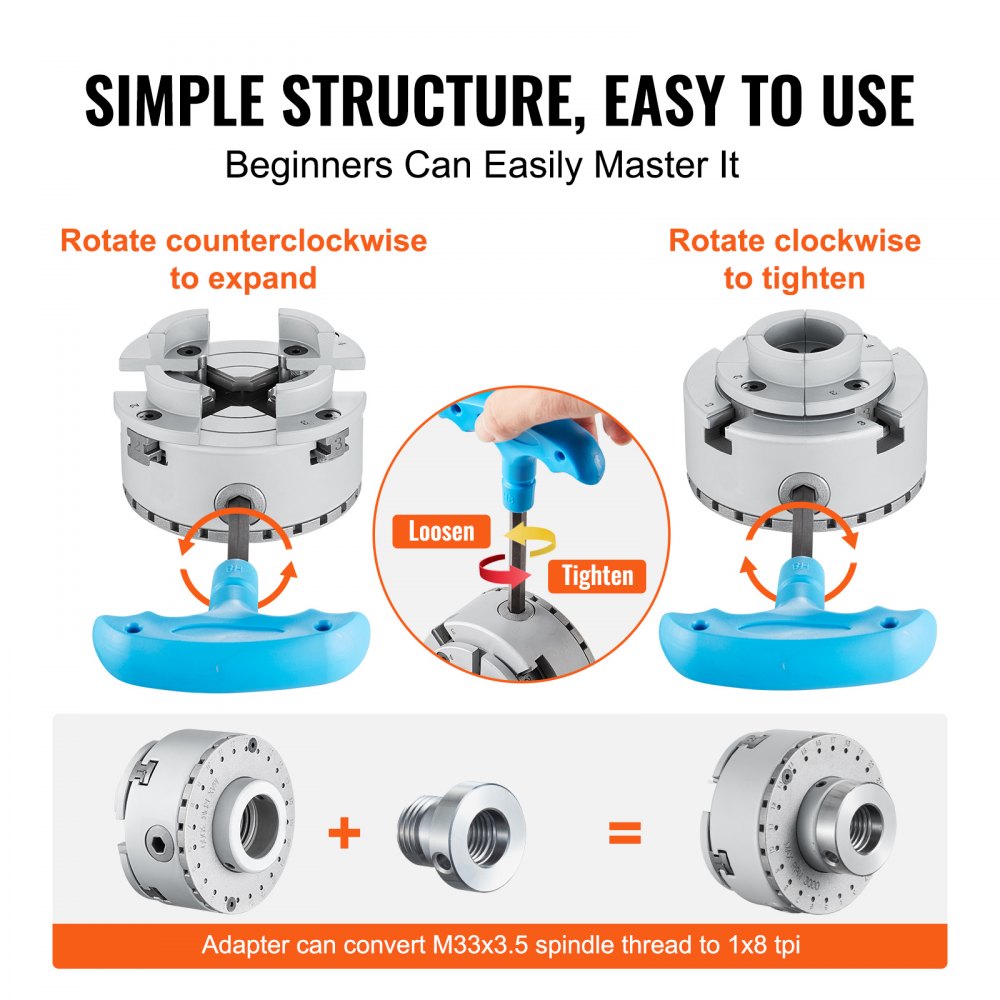 VEVOR KP965 Lathe Chuck, 4-Jaw 3.75" Diameter, Metal Lathe Chuck Turning Machine Accessories with 5 Sets of Jaws, Self-centering Tool, for Precision Machining, Grinding Machines, Milling Machines