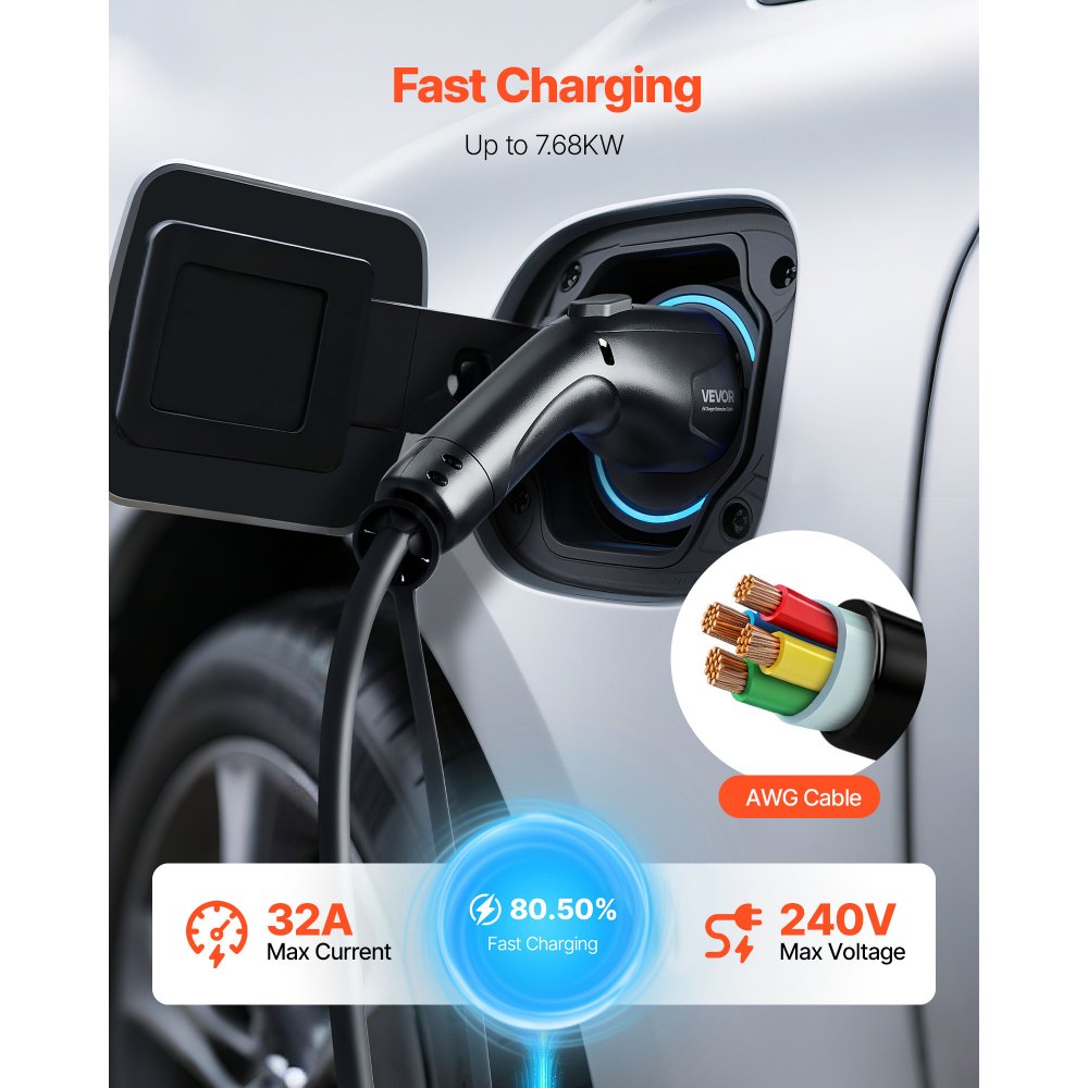 VEVOR EV Charger Extension Cable, 32Amp 40 ft J1772 Extension Cord Compatible with 120V-240V SAE J1772 Electric Vehicle Chargers, Level 1/Level 2 IP66 Heavy Duty Car Charging Cable with Carrying Bag
