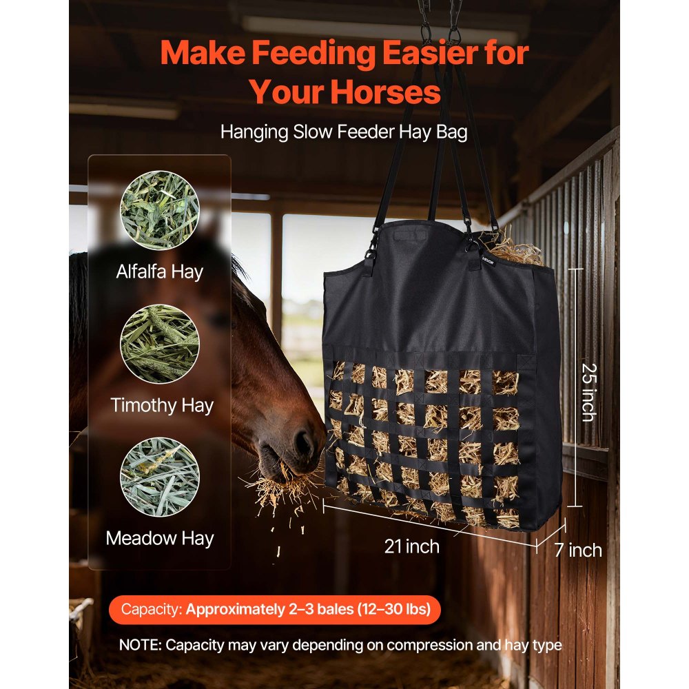 VEVOR Hay Bag for Horses, 21.65 x 7.28 x 25.2 in, 1.81 x 1.81 in Holes, Premium Nylon Construction with PVC Waterproof Coating, Adjustable Hanging Straps and Metal Hooks, Slow Feed Hay Bag for Horses