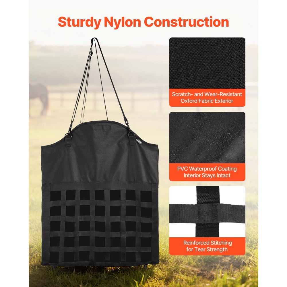 VEVOR Hay Bag for Horses, 21.65 x 7.28 x 25.2 in, 1.81 x 1.81 in Holes, Premium Nylon Construction with PVC Waterproof Coating, Adjustable Hanging Straps and Metal Hooks, Slow Feed Hay Bag for Horses