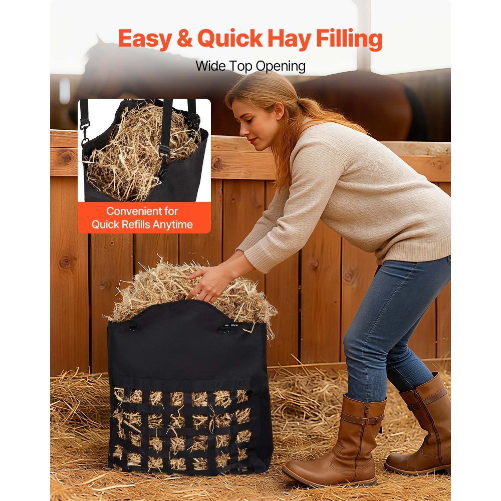 VEVOR Hay Bag for Horses, 21.65 x 7.28 x 25.2 in, 1.81 x 1.81 in Holes, Premium Nylon Construction with PVC Waterproof Coating, Adjustable Hanging Straps and Metal Hooks, Slow Feed Hay Bag for Horses
