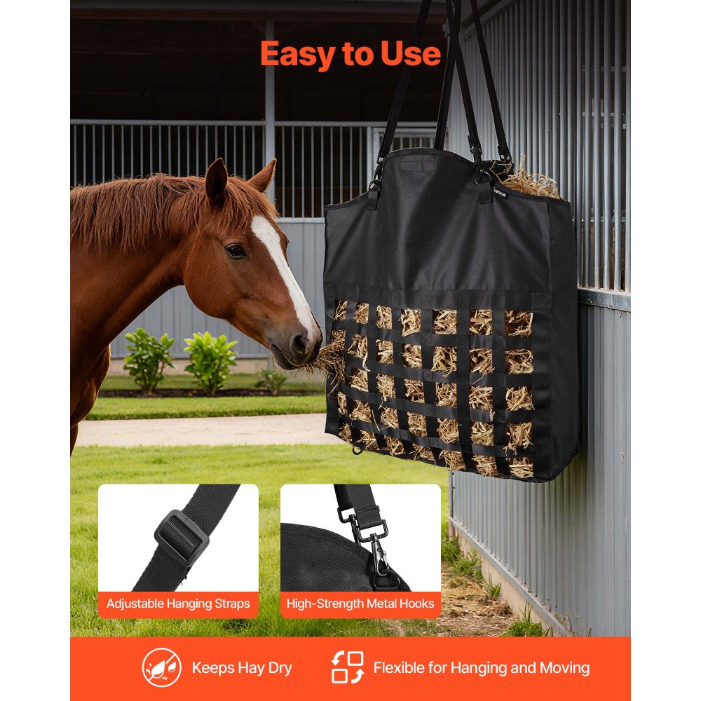 VEVOR Hay Bag for Horses, 21.65 x 7.28 x 25.2 in, 1.81 x 1.81 in Holes, Premium Nylon Construction with PVC Waterproof Coating, Adjustable Hanging Straps and Metal Hooks, Slow Feed Hay Bag for Horses