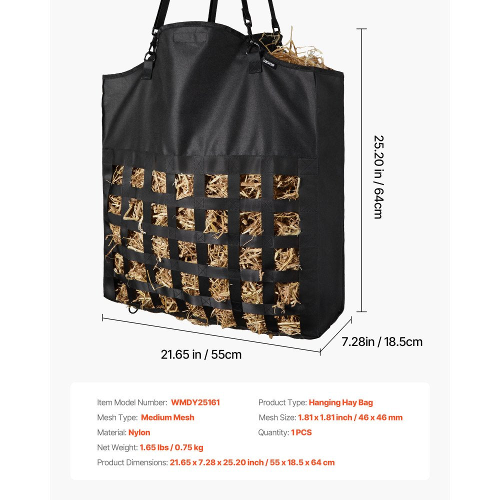 VEVOR Hay Bag for Horses, 21.65 x 7.28 x 25.2 in, 1.81 x 1.81 in Holes, Premium Nylon Construction with PVC Waterproof Coating, Adjustable Hanging Straps and Metal Hooks, Slow Feed Hay Bag for Horses