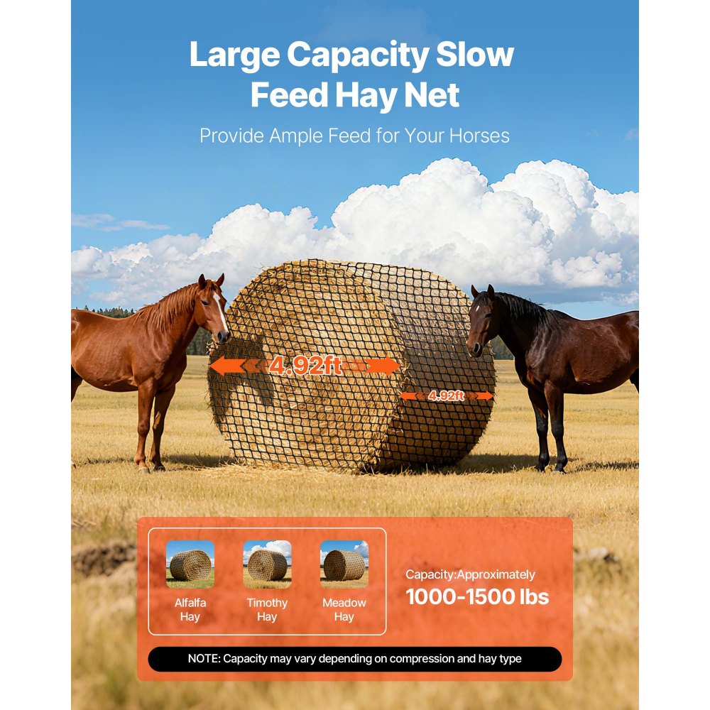 VEVOR Round Bale Hay Net, 4.92 x 4.92 x 4.92 ft, 1.5 inch Holes, PE Material, Knotless Design, with Zip Ties, Needle Shuttle, Repair Twine and Storage Bag, Slow Feeder Round Bale Net for Horses