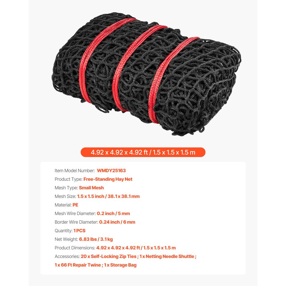 VEVOR Round Bale Hay Net, 4.92 x 4.92 x 4.92 ft, 1.5 inch Holes, PE Material, Knotless Design, with Zip Ties, Needle Shuttle, Repair Twine and Storage Bag, Slow Feeder Round Bale Net for Horses