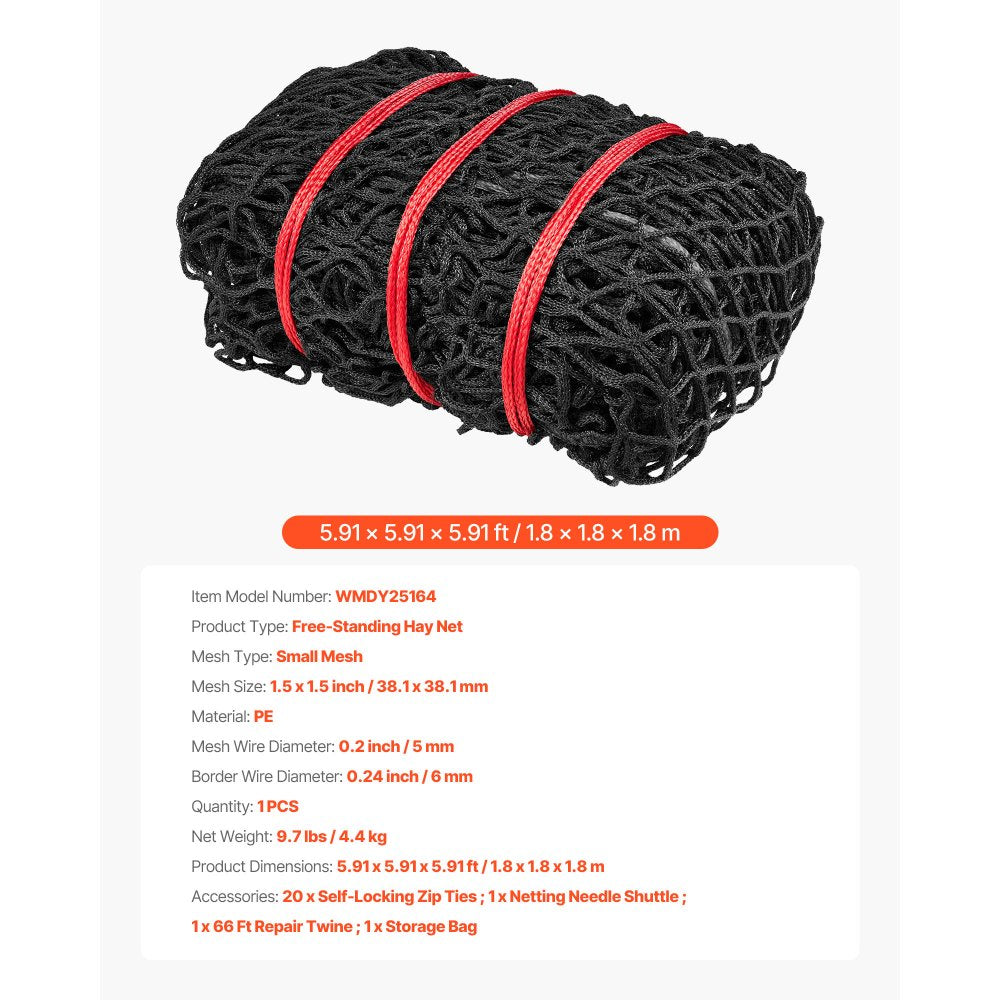 VEVOR Round Bale Hay Net, 5.91 x 5.91 x 5.91 ft, 1.5 inch Holes, PE Material, Knotless Design, with Zip Ties, Needle Shuttle, Repair Twine and Storage Bag, Slow Feeder Round Bale Net for Horses