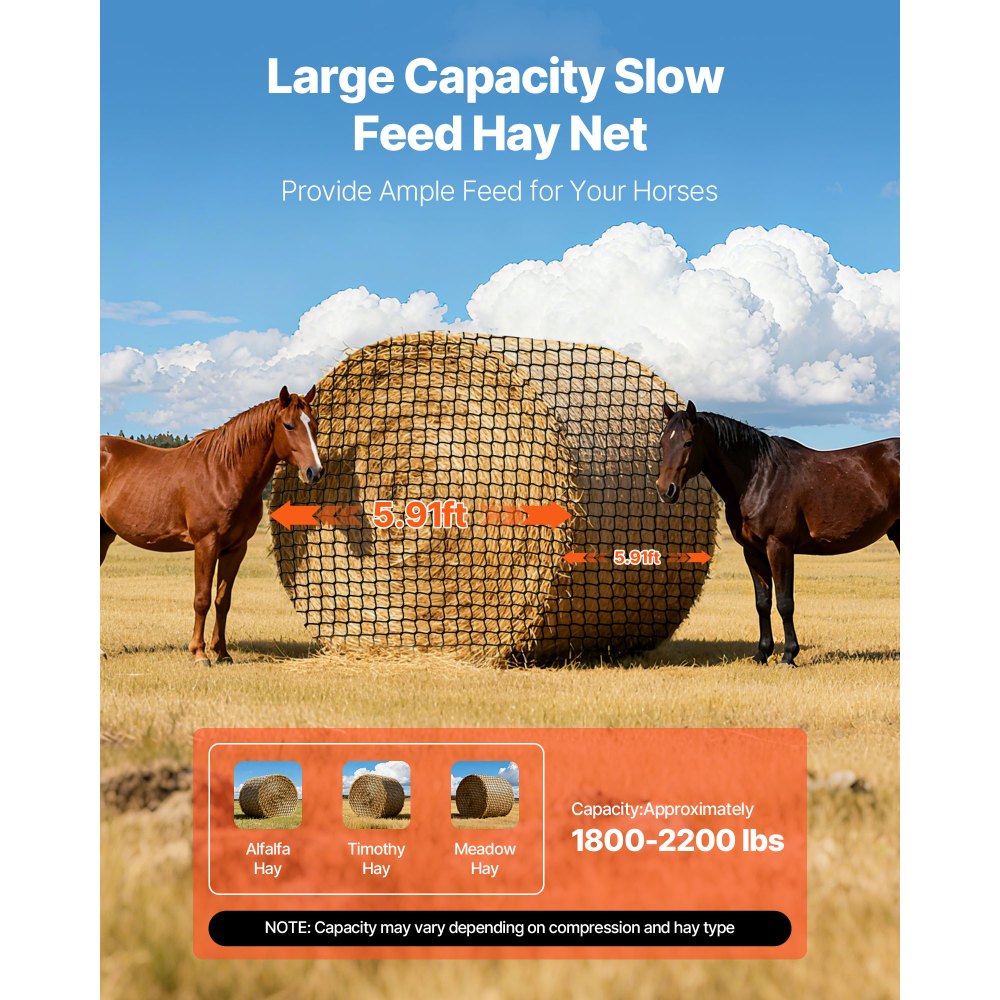 VEVOR Round Bale Hay Net, 5.91 x 5.91 x 5.91 ft, 1.65 inch Holes, PE Material, Knotless Design, with Zip Ties, Needle Shuttle, Repair Twine and Storage Bag, Slow Feeder Round Bale Net for Horses