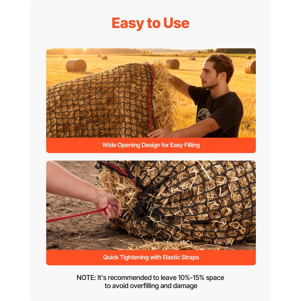 VEVOR Round Bale Hay Net, 5.91 x 5.91 x 5.91 ft, 1.65 inch Holes, PE Material, Knotless Design, with Zip Ties, Needle Shuttle, Repair Twine and Storage Bag, Slow Feeder Round Bale Net for Horses
