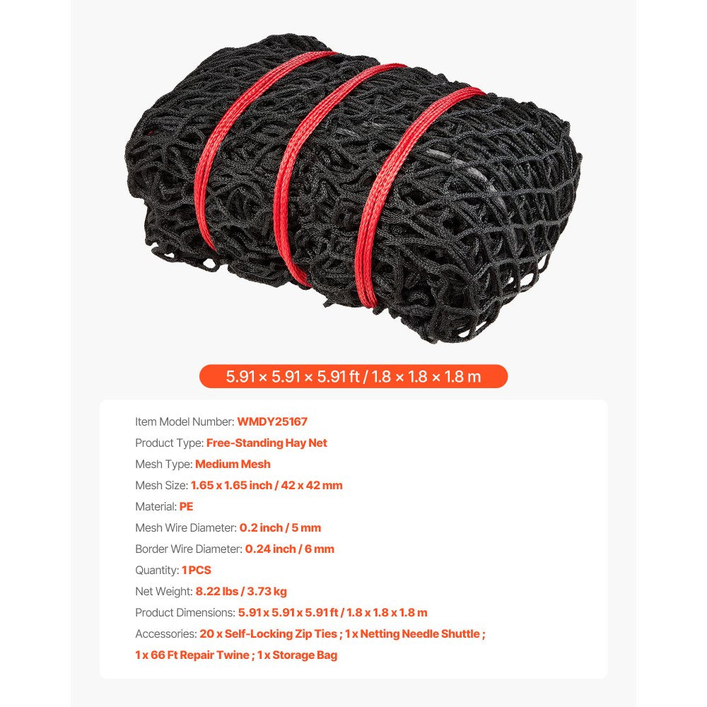 VEVOR Round Bale Hay Net, 5.91 x 5.91 x 5.91 ft, 1.65 inch Holes, PE Material, Knotless Design, with Zip Ties, Needle Shuttle, Repair Twine and Storage Bag, Slow Feeder Round Bale Net for Horses