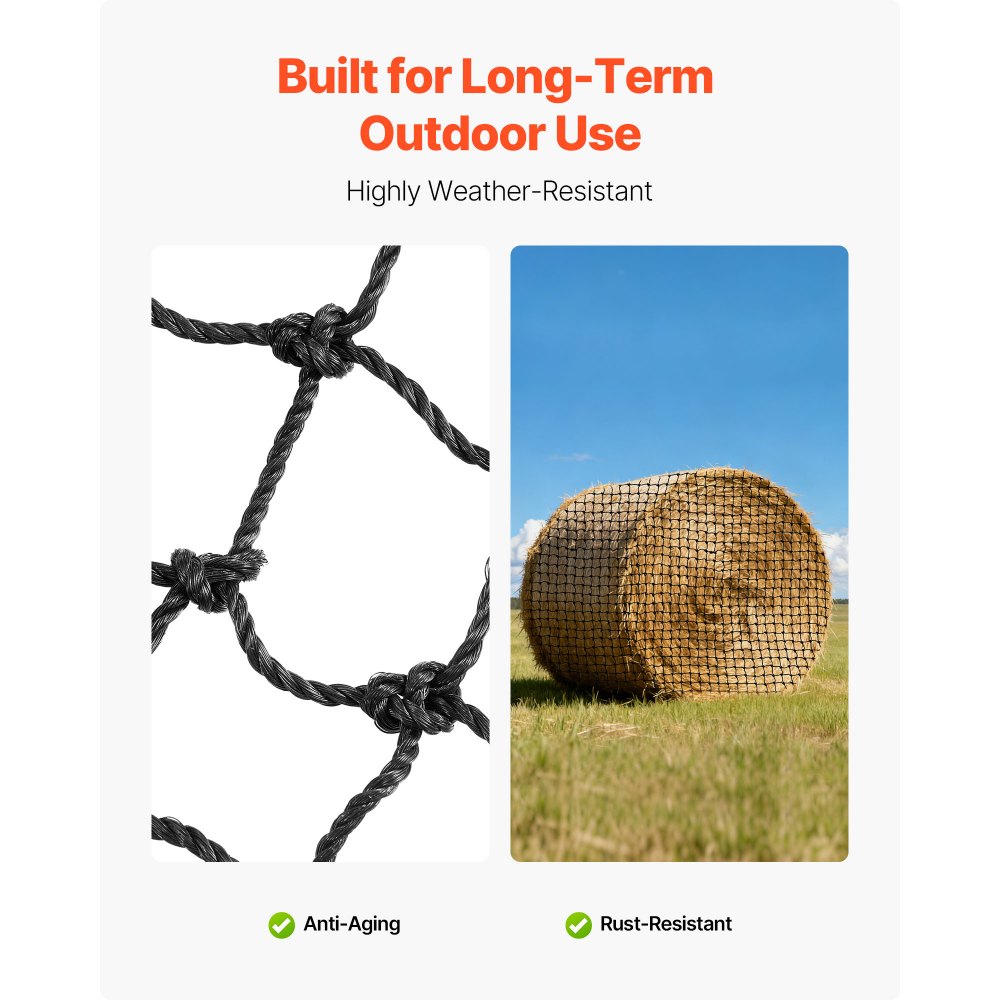 VEVOR Round Bale Hay Net, 4.92 x 4.92 x 4.92 ft, 1.75 inch Holes, PE Material, Reinforced Knotted Design, with Zip Ties, Needle Shuttle, and Repair Twine, Slow Feeder Round Bale Net for Horses