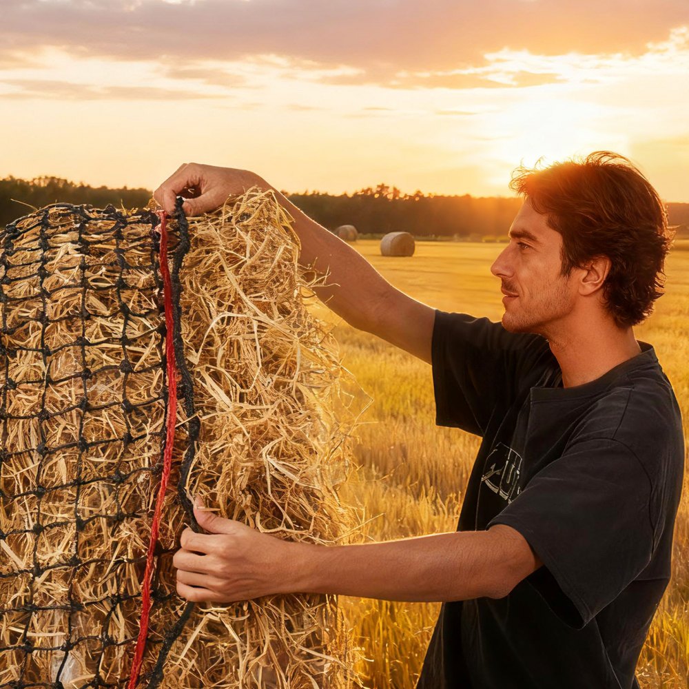 VEVOR Round Bale Hay Net, 4.92 x 4.92 x 4.92 ft, 1.75 inch Holes, PE Material, Reinforced Knotted Design, with Zip Ties, Needle Shuttle, and Repair Twine, Slow Feeder Round Bale Net for Horses
