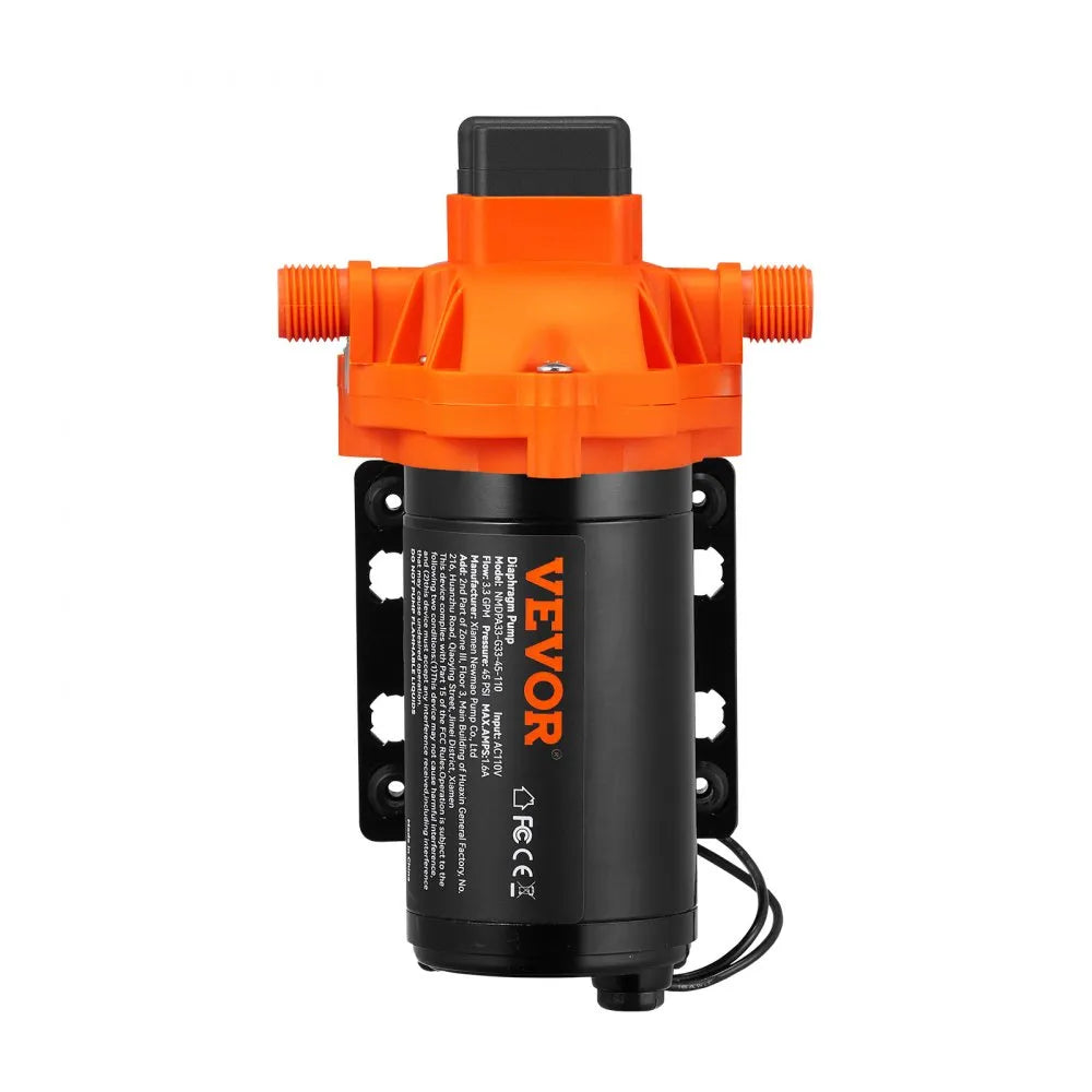 VEVOR RV Water Pressure Diaphragm Pump 3Chambers 110V 3.3GPM 45PSI Adjustable Presssure Fresh Water Pump, Self Priming Sprayer Pump for RV Camper Marine Boat Lawn