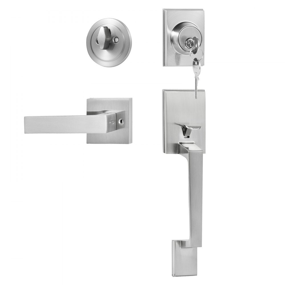 VEVOR Front Door Handle and Deadbolt Set, Square Entry Handle Set with Lever, Single Cylinder, Adjustable Hole Space, Reversible for Right and Left Handed Entrance and Front Doors, Satin Nickel