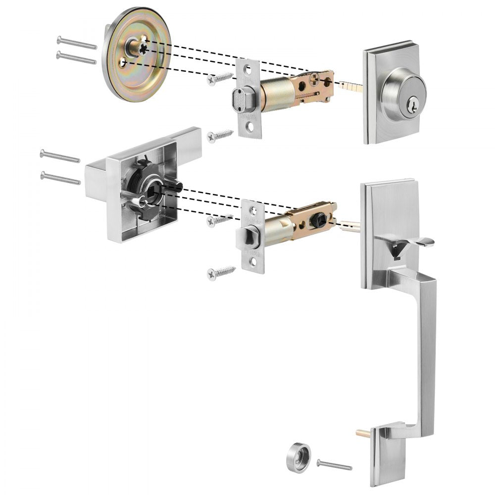 VEVOR Front Door Handle and Deadbolt Set, Square Entry Handle Set with Lever, Single Cylinder, Adjustable Hole Space, Reversible for Right and Left Handed Entrance and Front Doors, Satin Nickel