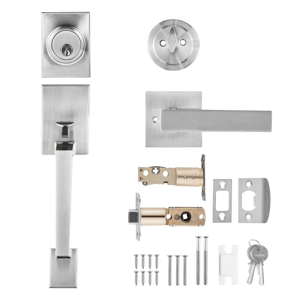VEVOR Front Door Handle and Deadbolt Set, Square Entry Handle Set with Lever, Single Cylinder, Adjustable Hole Space, Reversible for Right and Left Handed Entrance and Front Doors, Satin Nickel