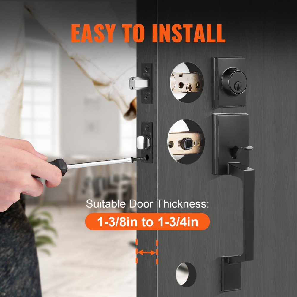 VEVOR Front Door Handle and Deadbolt Set, Square Entry Handle Set with Lever, Single Cylinder, Adjustable Hole Space, Reversible for Right and Left Handed Entrance and Front Doors, Matte Black