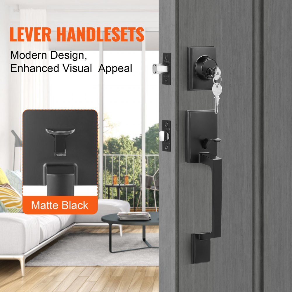 VEVOR Front Door Handle and Deadbolt Set, Square Entry Handle Set with Lever, Single Cylinder, Adjustable Hole Space, Reversible for Right and Left Handed Entrance and Front Doors, Matte Black
