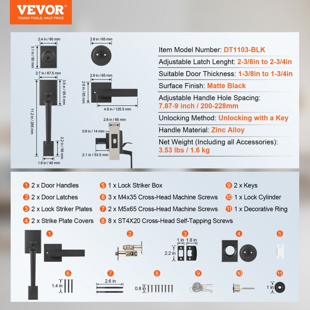VEVOR Front Door Handle and Deadbolt Set, Square Entry Handle Set with Lever, Single Cylinder, Adjustable Hole Space, Reversible for Right and Left Handed Entrance and Front Doors, Matte Black