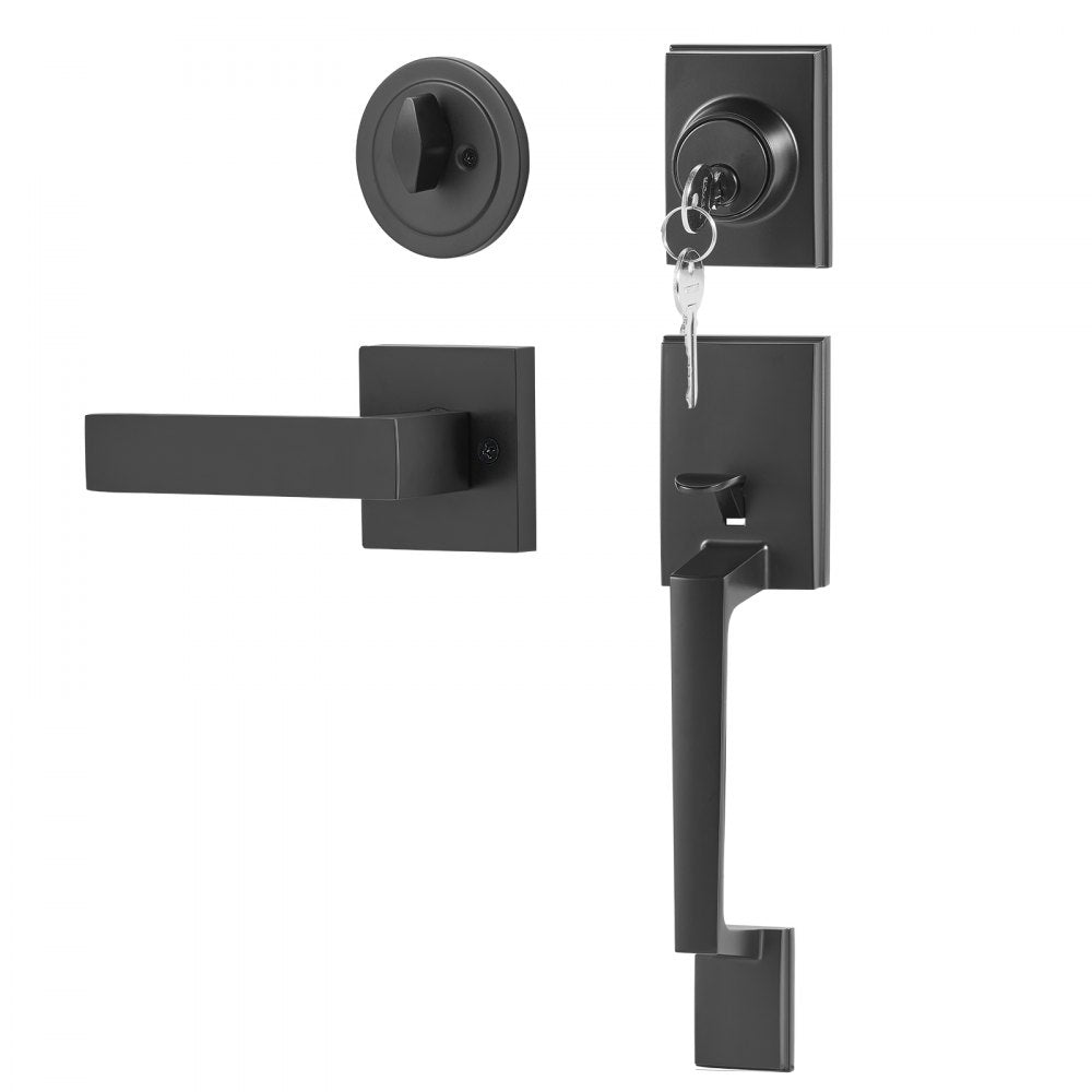 VEVOR Front Door Handle and Deadbolt Set, Square Entry Handle Set with Lever, Single Cylinder, Adjustable Hole Space, Reversible for Right and Left Handed Entrance and Front Doors, Matte Black