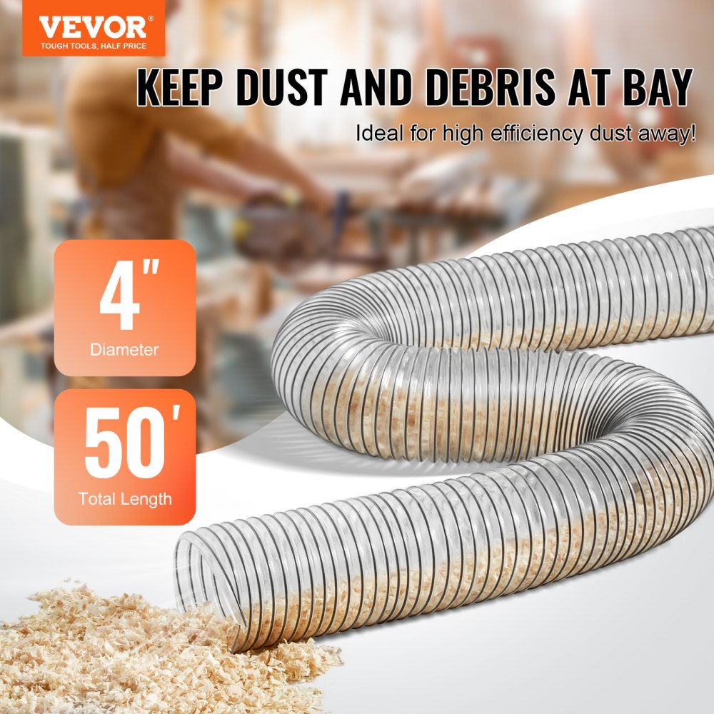 VEVOR Dust Collection Hose, 4'' x 50', Thickened PVC Material Puncture-Resistant Flexible Clear Hose with Carbon Steel Wire Coil 4 x 304 Stainless Clamps, for Table Saw, Band Saw, Planer, Jointer