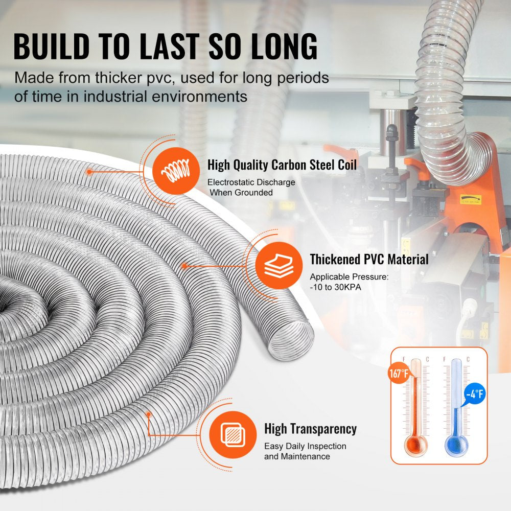 VEVOR Dust Collection Hose, 4'' x 50', Thickened PVC Material Puncture-Resistant Flexible Clear Hose with Carbon Steel Wire Coil 4 x 304 Stainless Clamps, for Table Saw, Band Saw, Planer, Jointer