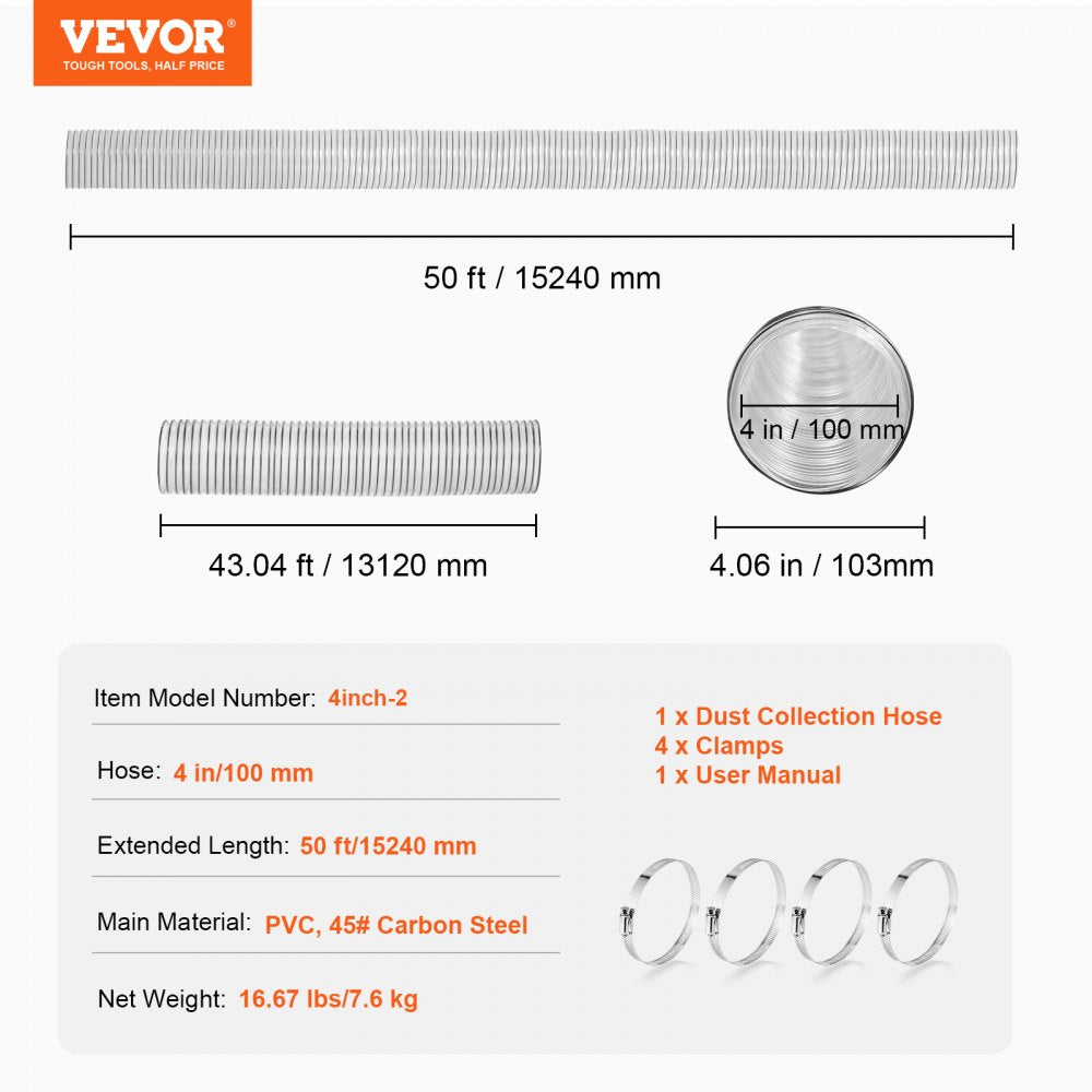 VEVOR Dust Collection Hose, 4'' x 50', Thickened PVC Material Puncture-Resistant Flexible Clear Hose with Carbon Steel Wire Coil 4 x 304 Stainless Clamps, for Table Saw, Band Saw, Planer, Jointer