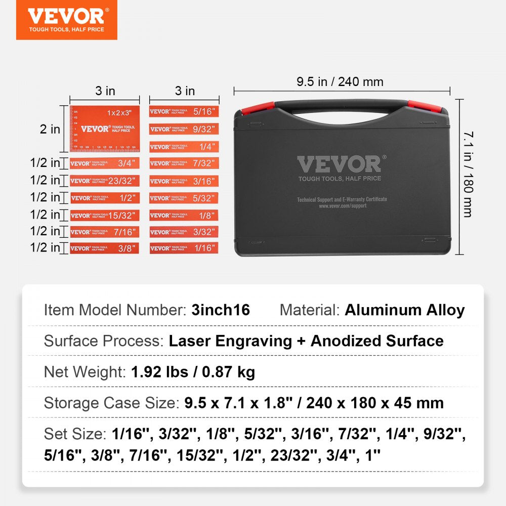 VEVOR Setup Blocks Woodworking Tools, 16-Piece, Precision Height Gauge Block Set, with Clearly Laser Engraved Size Markings and Storage Case, Aluminum Setup Bars for Router and Table Saw Accessories