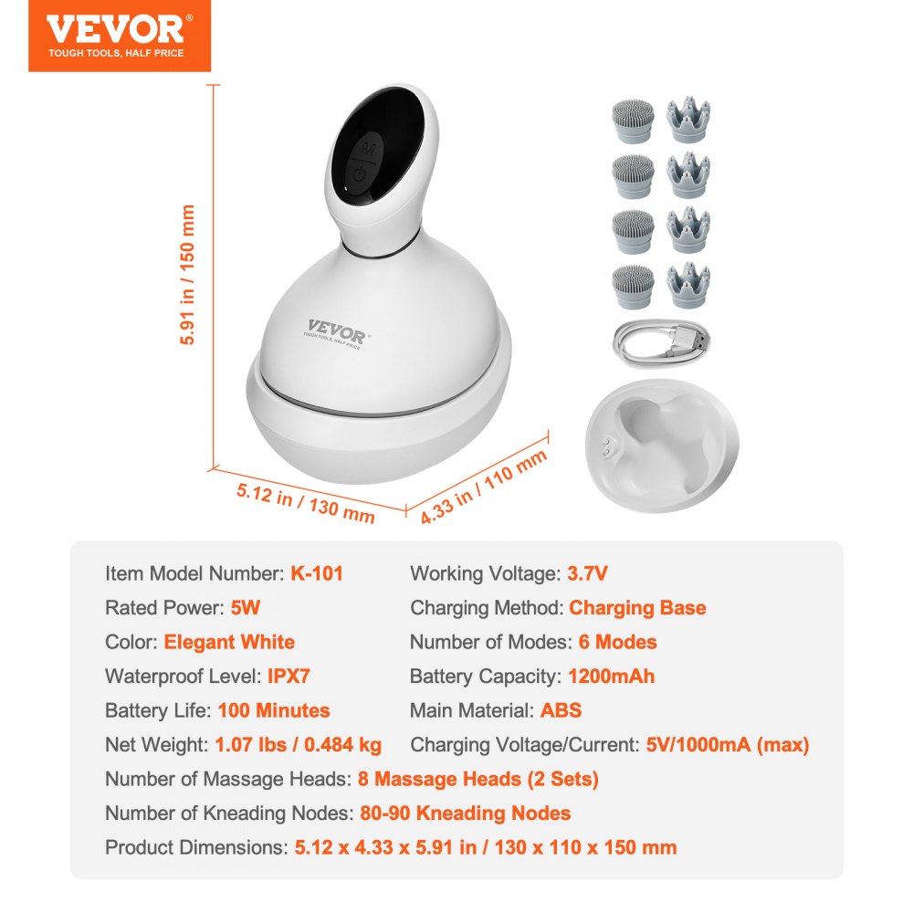 VEVOR Electric Scalp Massager, Rechargeable Head Massager Hair Growth, IPX7 Waterproof | Portable Kneading Scalp Scratcher with 8 Removable Massage Head for Stress Relief, Deep Clean, Gift for Mom/Dad