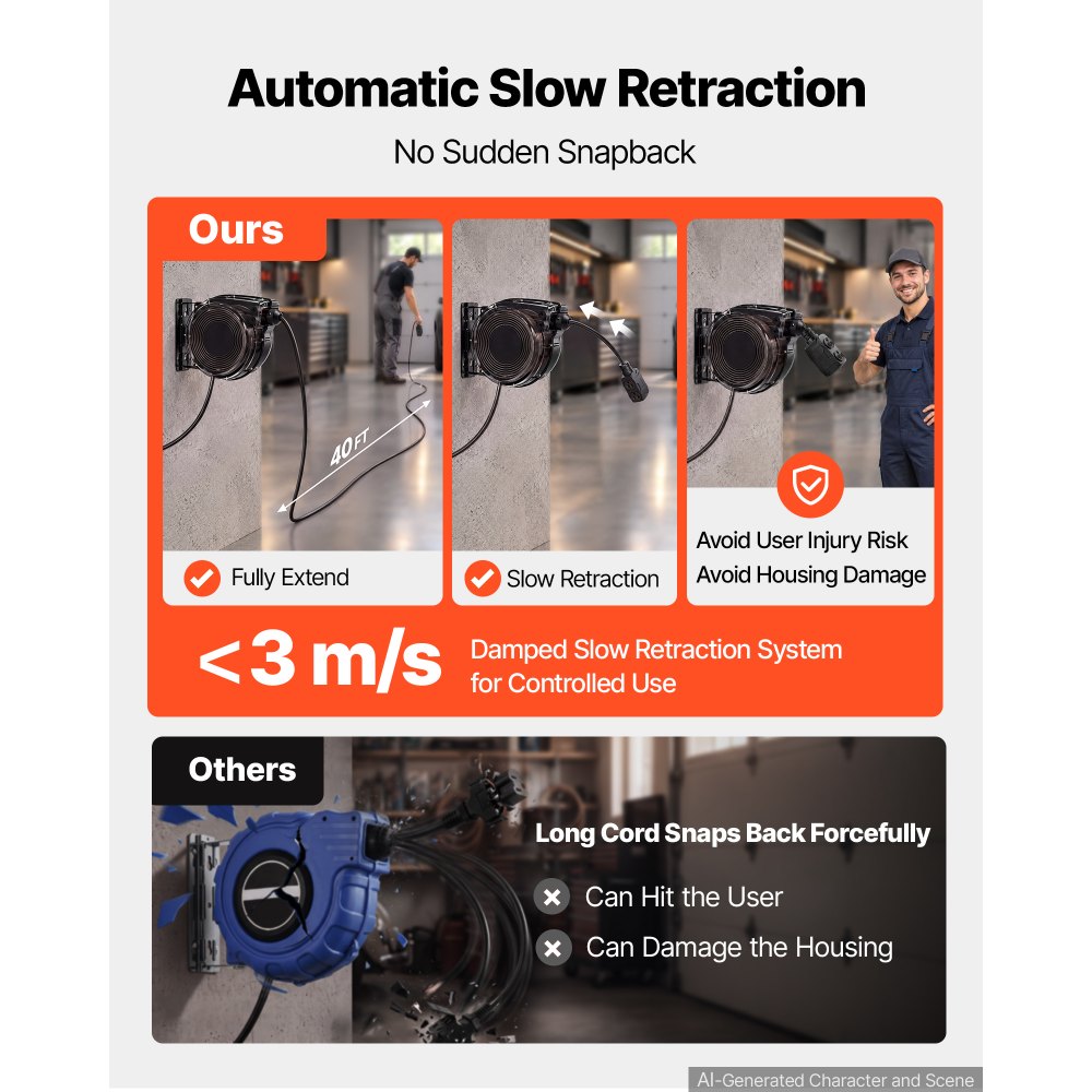 VEVOR 40FT Retractable Extension Cord Reel, Damped Slow Retraction System, 10AWG/3C Heavy Duty Power Cord 2500W, 4 Outlets, 20A Circuit Breaker, Ceiling/Wall Mount for Garage/Shop, ETL Listed, Black