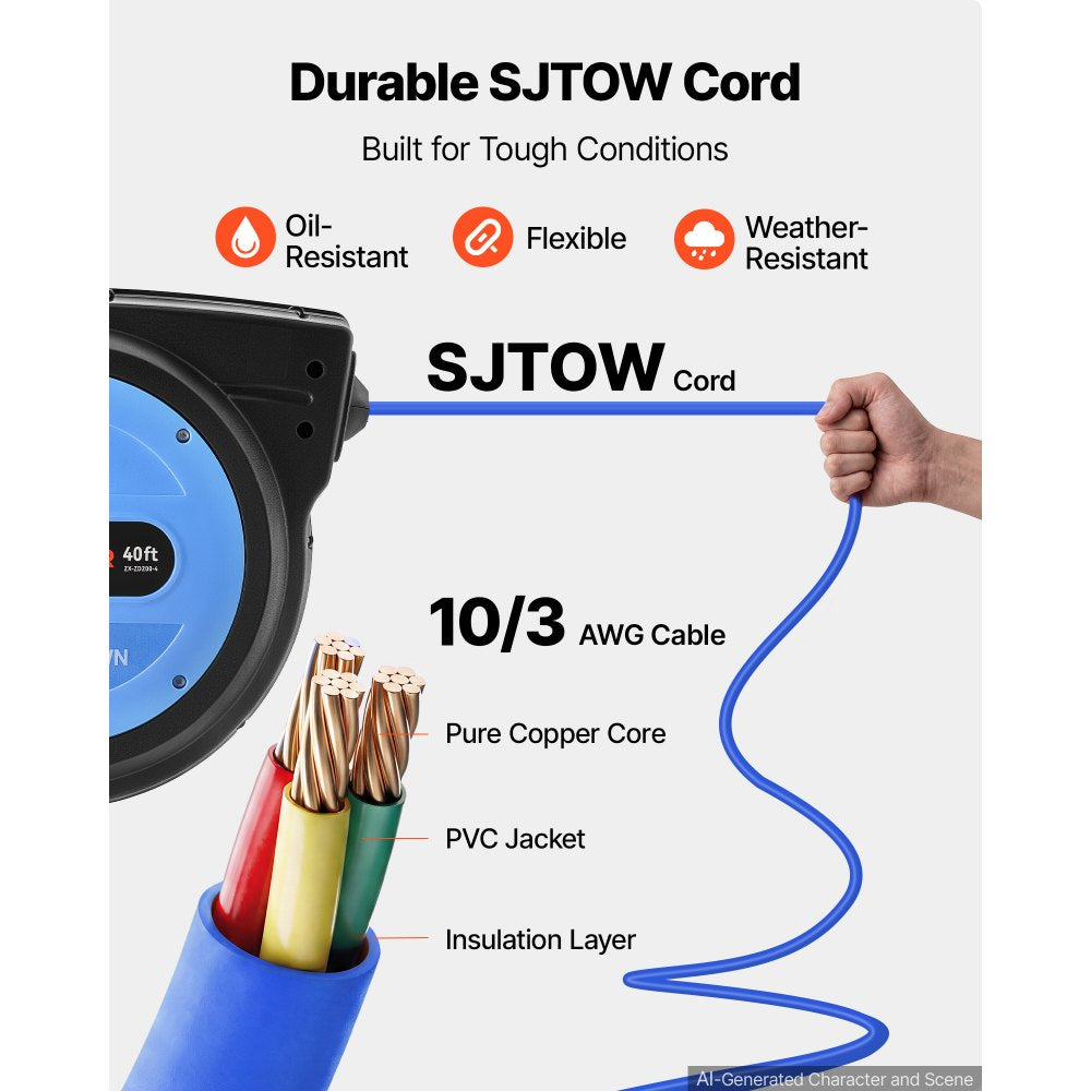 VEVOR 40FT Retractable Extension Cord Reel, Damped Slow Retraction System, 10AWG/3C Heavy Duty Power Cord 2500W, 4 Outlets, 20A Circuit Breaker, Ceiling/Wall Mount for Garage/Shop, ETL Listed, Blue