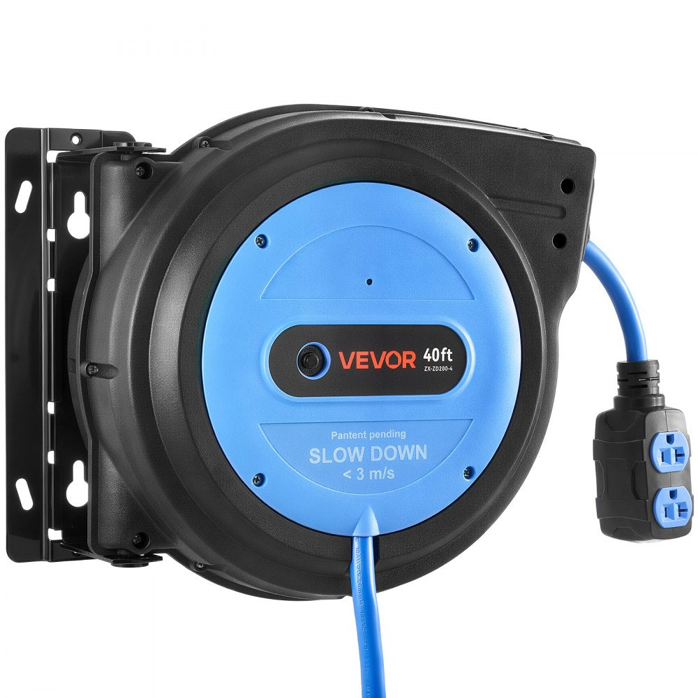 VEVOR 40FT Retractable Extension Cord Reel, Damped Slow Retraction System, 10AWG/3C Heavy Duty Power Cord 2500W, 4 Outlets, 20A Circuit Breaker, Ceiling/Wall Mount for Garage/Shop, ETL Listed, Blue