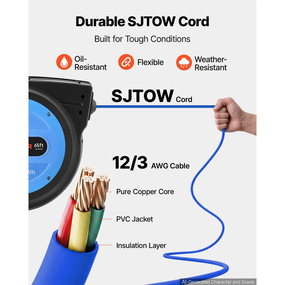 VEVOR 65FT Retractable Extension Cord Reel, Damped Slow Retraction System, 12AWG/3C Heavy Duty Power Cord, Lighted Triple Tap, 15A Circuit Breaker, Ceiling/Wall Mount for Garage/Shop, ETL Listed, Blue