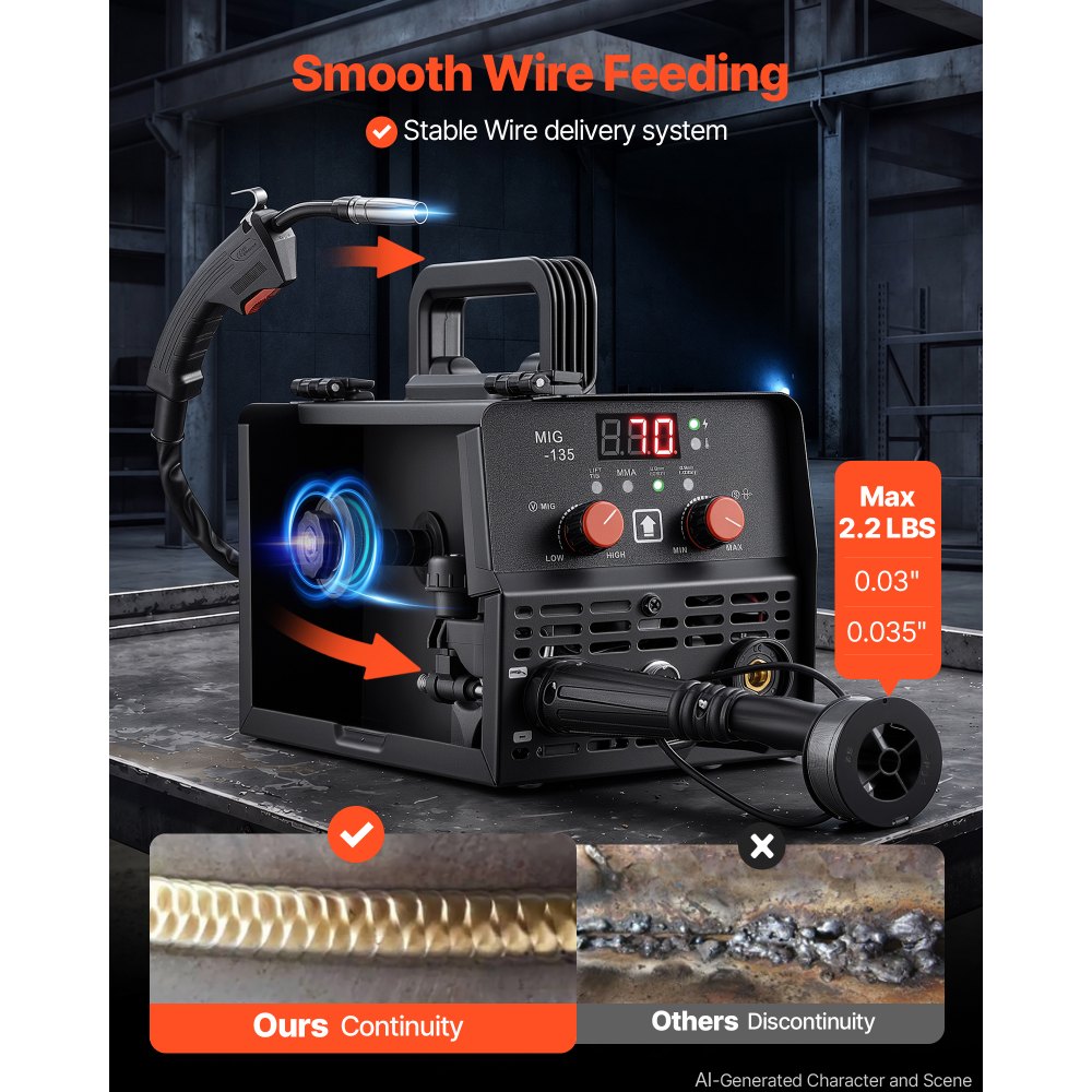VEVOR 135A MIG Welder, 3-in-1 Lift TIG/Gasless Flux Core/Stick MIG Welding, 110V Synergic Multi-Process Mig Welder Machine with IGBT Inverter, Portable for Metal Fabrication, Home Repair & DIY Project