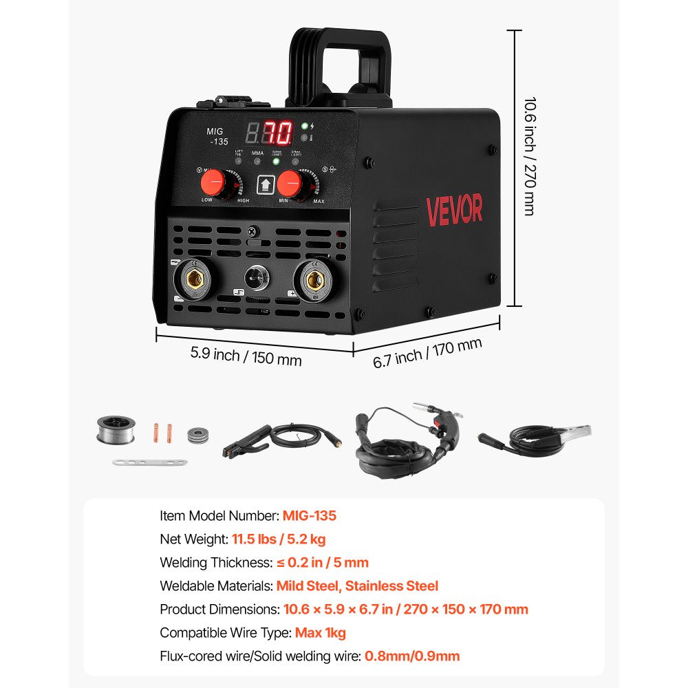 VEVOR 135A MIG Welder, 3-in-1 Lift TIG/Gasless Flux Core/Stick MIG Welding, 110V Synergic Multi-Process Mig Welder Machine with IGBT Inverter, Portable for Metal Fabrication, Home Repair & DIY Project