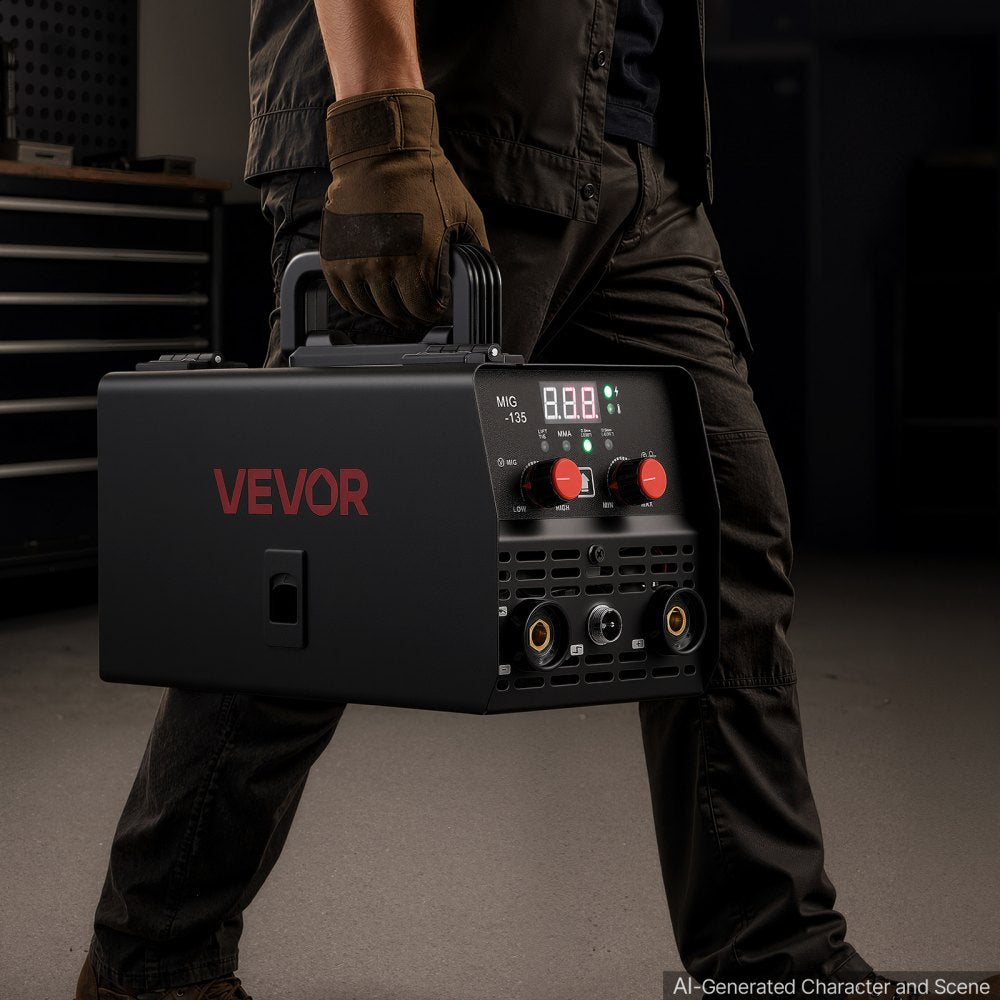 VEVOR 135A MIG Welder, 3-in-1 Lift TIG/Gasless Flux Core/Stick MIG Welding, 110V Synergic Multi-Process Mig Welder Machine with IGBT Inverter, Portable for Metal Fabrication, Home Repair & DIY Project