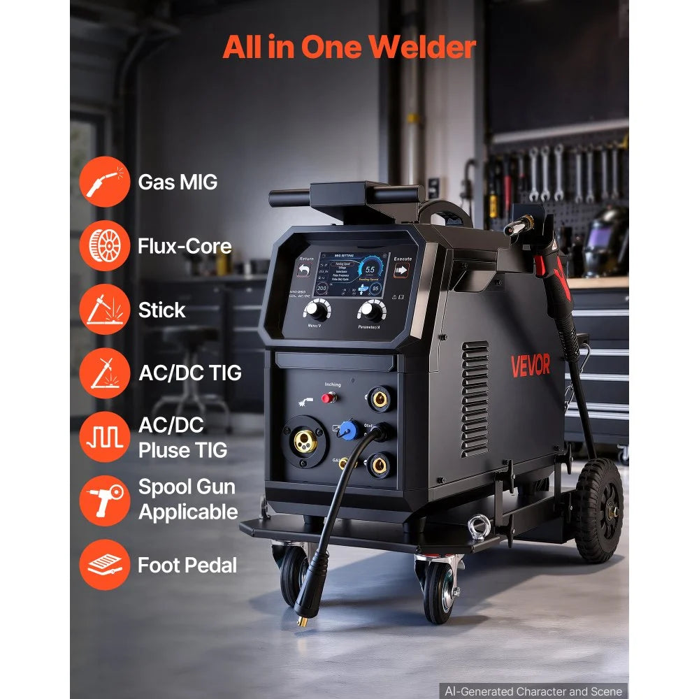 VEVOR 200A Pro MIG Welder 9-in-1 All-in-One Welding Cart Workstation, Gas MIG, Gasless Flux Core, AC/DC Tig, AC/DC Pluse Tig, Stick, Aluminum Welding with Spool Gun Compatible, Foot Pedal Control