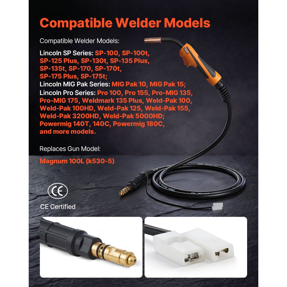 VEVOR 100A MIG Welding Gun with 10FT Cable, Replacement for Lincoln Magnum 100L (K530-5) - with 11PCS Mig Welding Contact Tips