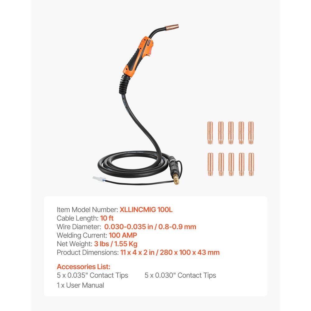 VEVOR 100A MIG Welding Gun with 10FT Cable, Replacement for Lincoln Magnum 100L (K530-5) - with 11PCS Mig Welding Contact Tips