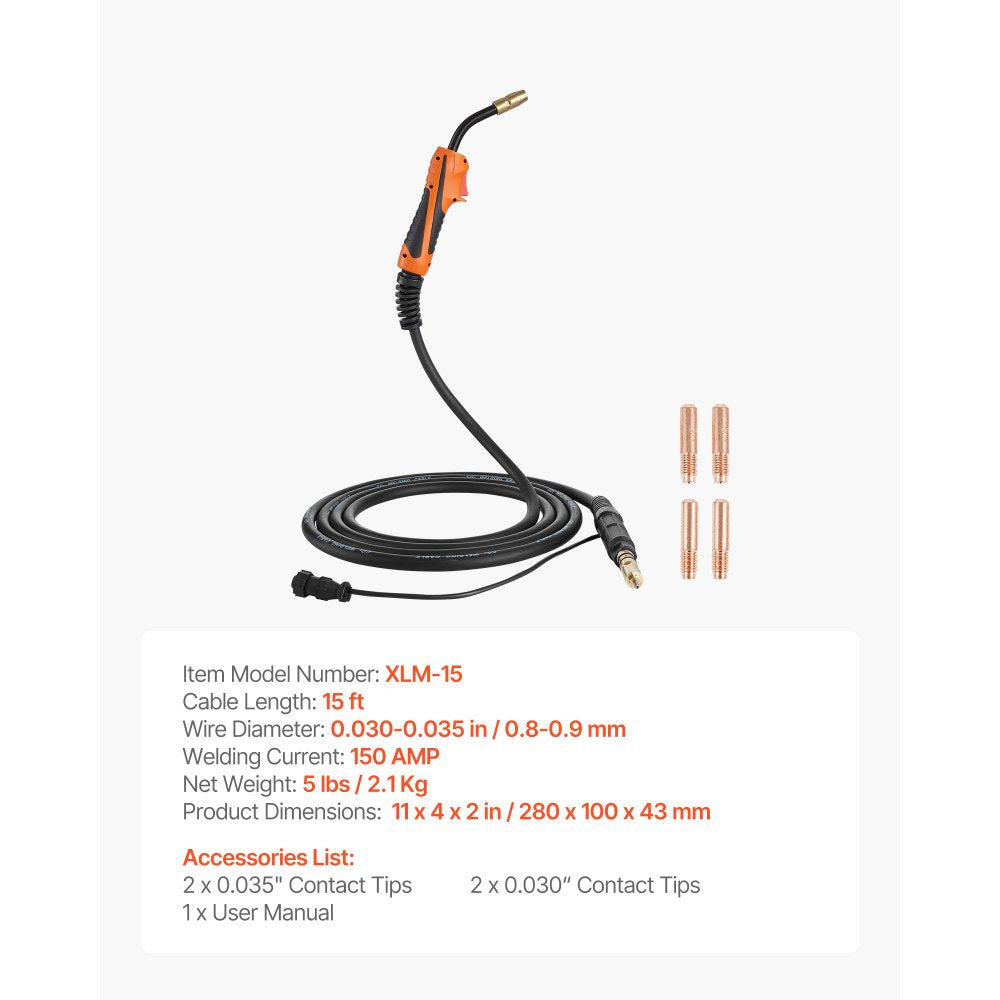 VEVOR 150A MIG Welding Gun with 15FT Cable, Replacement for Miller M-15/M-150 (249041) - with 5PCS Mig Welding Contact Tips