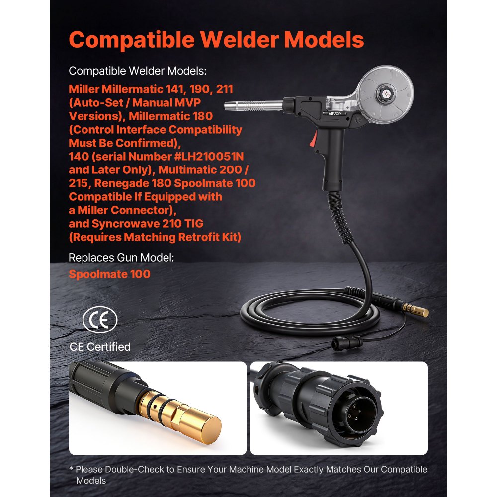 VEVOR 135Amp Spool Gun with 10FT Cable, Replacement for Miller Spoolmate 100 - with 11PCS Mig Welding Contact Tips & ER4043 0.035" Aluminum Mig Welding Wire