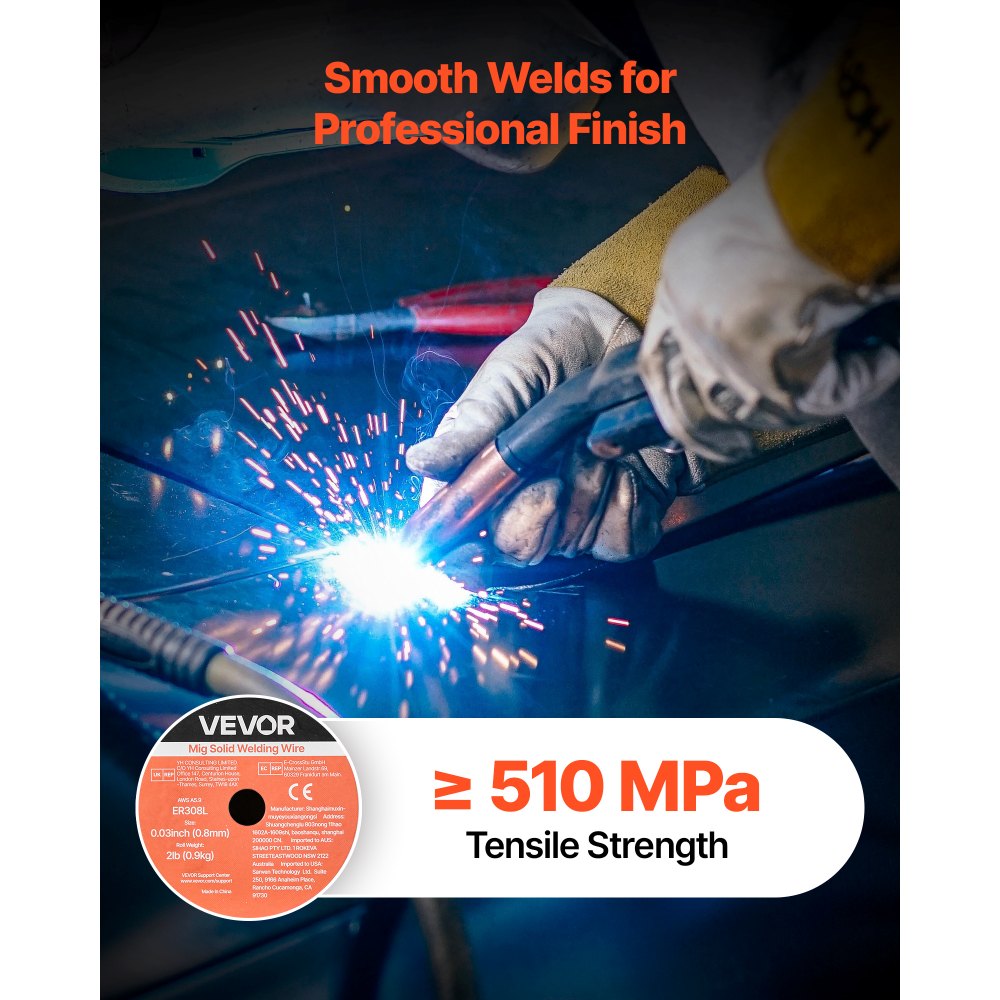 VEVOR Solid MIG Welding Wire, ER308L 0.03-inch 2 LBS, Low Spatter Stainless Steel Welding Wire with High Feedability for All-Position Gas Shielded Welding