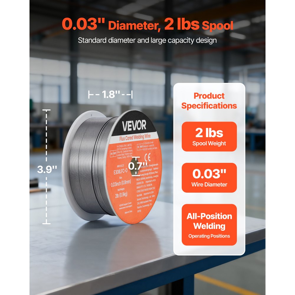 VEVOR Flux Core MIG Welding Wire, E308LFC-O 0.03-inch 2 LBS, Gasless Stainless Steel Welding Wire with Low Spatter for All Position Arc Welding, Self-Shielded for Outdoor Use