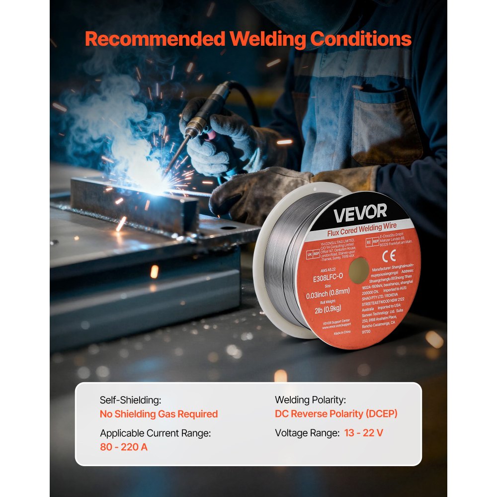 VEVOR Flux Core MIG Welding Wire, E308LFC-O 0.03-inch 2 LBS, Gasless Stainless Steel Welding Wire with Low Spatter for All Position Arc Welding, Self-Shielded for Outdoor Use