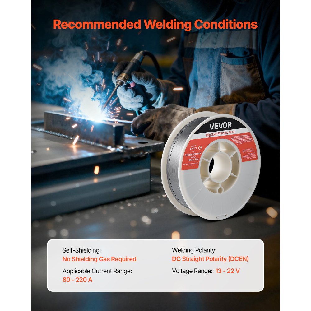 VEVOR Flux Core MIG Welding Wire, E71T-11 0.035-inch 10 LBS, Gasless Mild Steel Welding Wire with Low Spatter for All Position Arc Welding, Self-Shielded for Outdoor Use