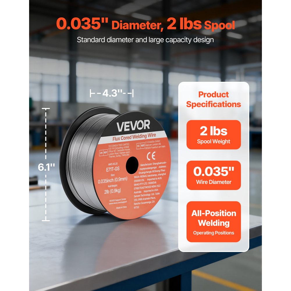 VEVOR Flux Core MIG Welding Wire, E71T-GS 0.035-inch 2 LBS, Gasless Mild Steel Welding Wire with Low Spatter for All Position Arc Welding, Self-Shielded for Outdoor Use (Pack of 3 Rolls)