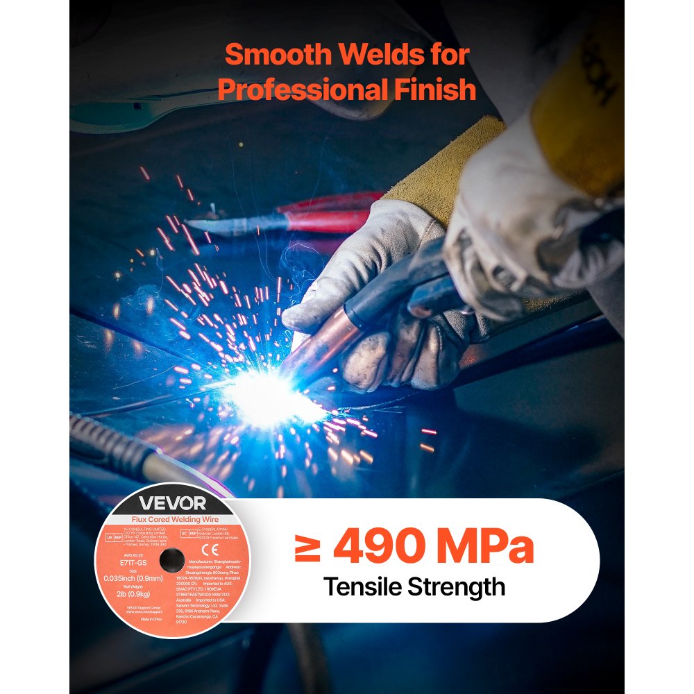 VEVOR Flux Core MIG Welding Wire, E71T-GS 0.035-inch 2 LBS, Gasless Mild Steel Welding Wire with Low Spatter for All Position Arc Welding, Self-Shielded for Outdoor Use (Pack of 3 Rolls)