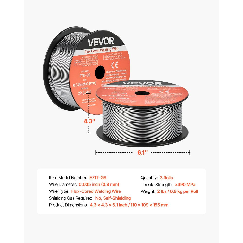 VEVOR Flux Core MIG Welding Wire, E71T-GS 0.035-inch 2 LBS, Gasless Mild Steel Welding Wire with Low Spatter for All Position Arc Welding, Self-Shielded for Outdoor Use (Pack of 3 Rolls)